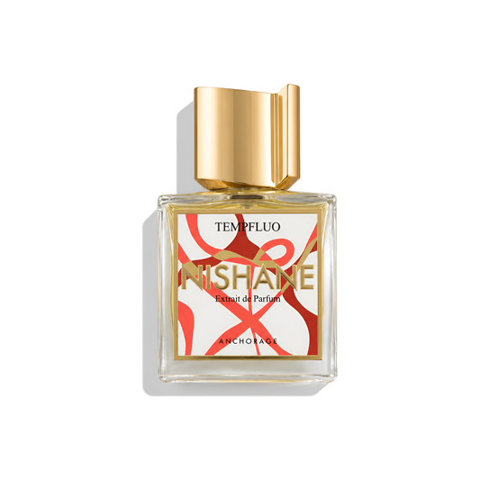 Bottle of Nishane Tempfluo Extrait fragrance on a white background with soft shadow
