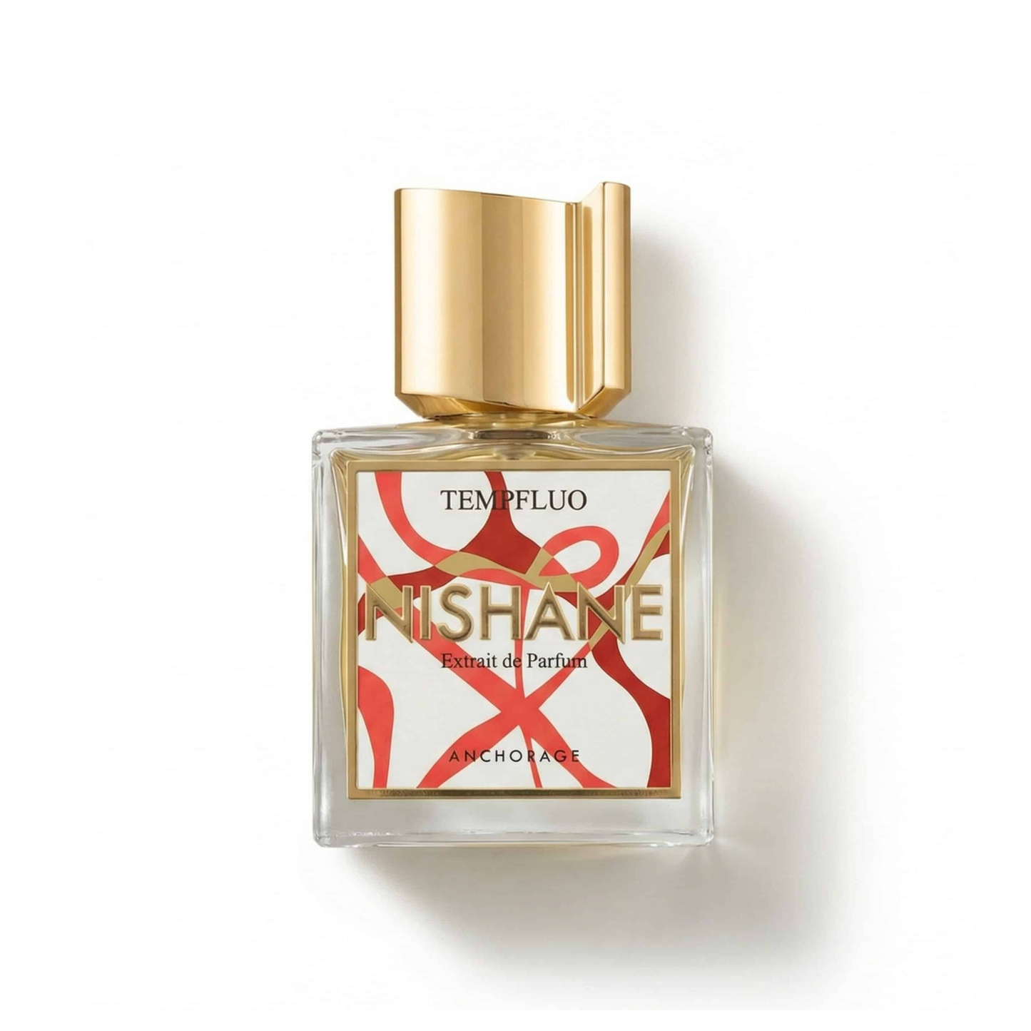Bottle of Nishane Tempfluo Parfum fragrance on a white background with soft shadow