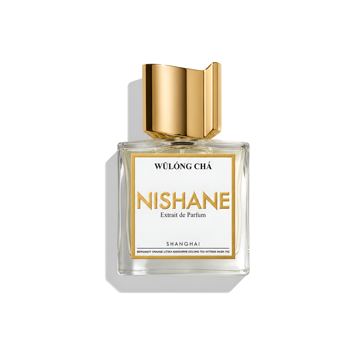 Bottle of Nishane Wulong Cha Extrait fragrance on a white background with soft shadow