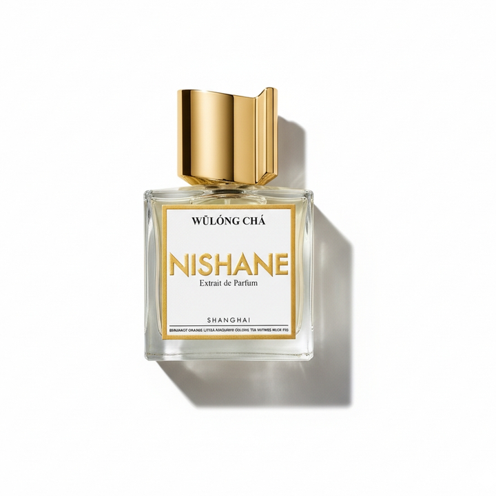 Bottle of Nishane Wulong Cha Parfum fragrance on a white background with soft shadow