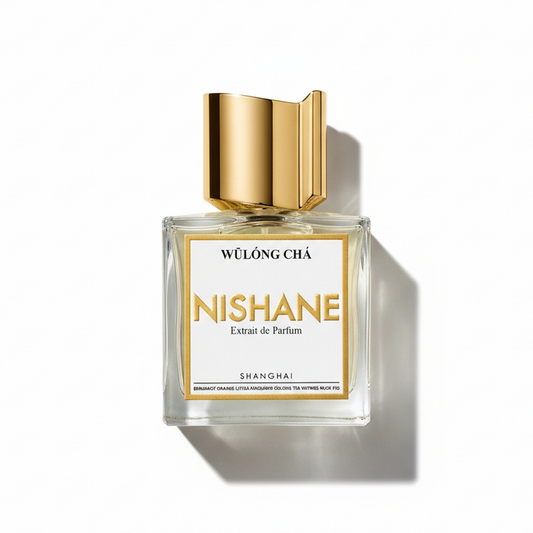Bottle of Nishane Wulong Cha Parfum fragrance on a white background with soft shadow