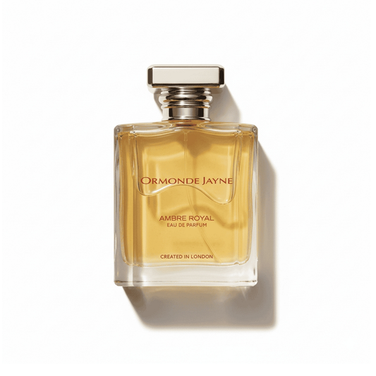 Bottle of Ormonde Jayne Ambre Royal EDP fragrance on a white background with soft shadow