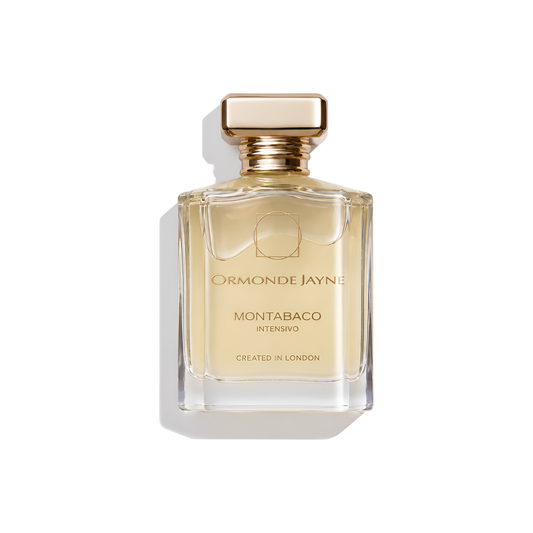 Bottle of Ormonde Jayne Montabaco Intensivo Parfum fragrance on a white background with soft shadow