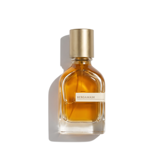 Bottle of Orto Parisi Bergamask Extrait fragrance on a white background with soft shadow