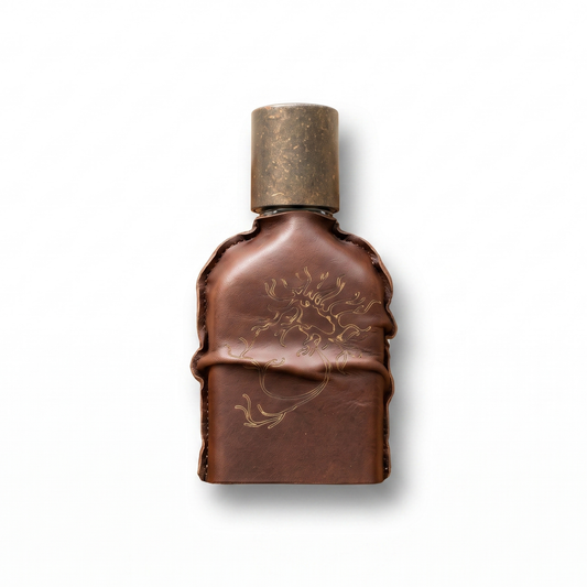 Bottle of Orto Parisi Cuoium Parfum fragrance on a white background with soft shadow
