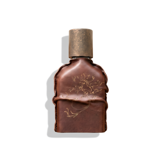 Bottle of Orto Parisi Cuoium Parfum fragrance on a white background with soft shadow