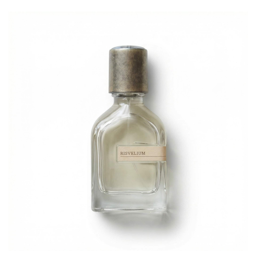 Bottle of Orto Parisi Risvelum Extrait fragrance on a white background with soft shadow