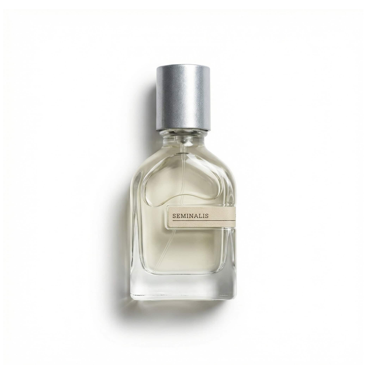 Bottle of Orto Parisi Seminalis Extrait fragrance on a white background with soft shadow