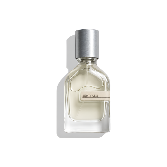 Bottle of Orto Parisi Seminalis Extrait fragrance on a white background with soft shadow