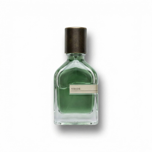 Bottle of Orto Parisi Viride Parfum fragrance on a white background with soft shadow