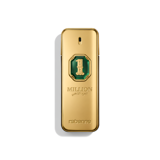 Bottle of Paco Rabanne 1 Million Golden Oud Parfum fragrance on a white background with soft shadow