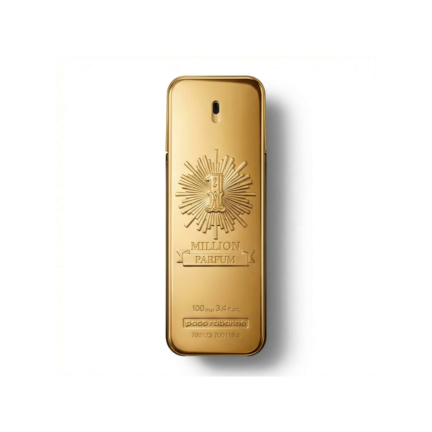Bottle of Paco Rabanne 1 Million Parfum fragrance on a white background with soft shadow