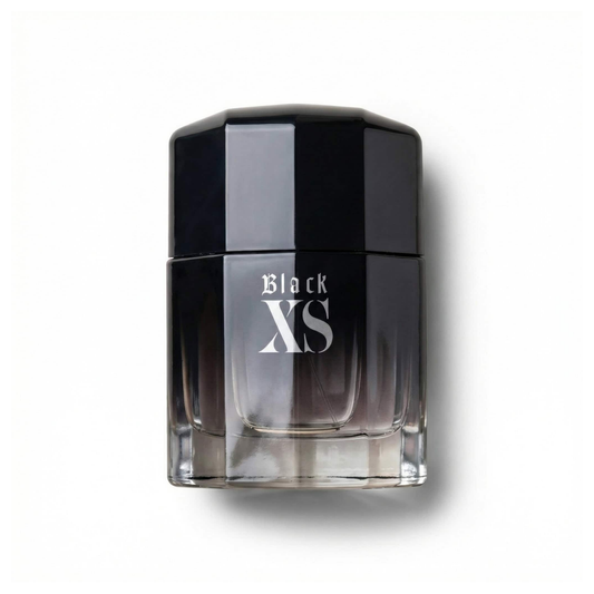 Bottle of Paco Rabanne Black XS EDT fragrance on a white background with soft shadow