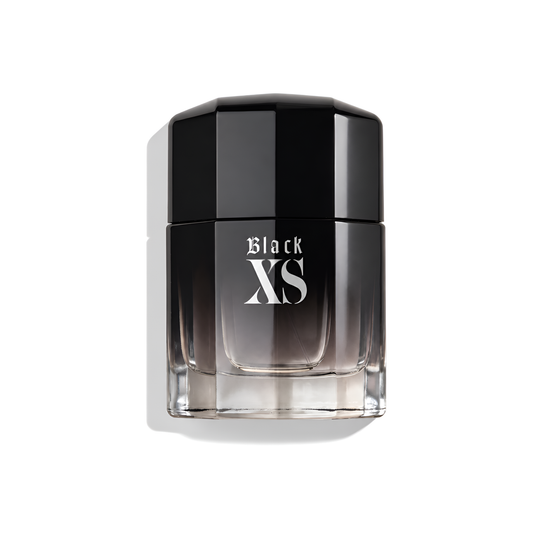 Bottle of Paco Rabanne Black XS EDT fragrance on a white background with soft shadow