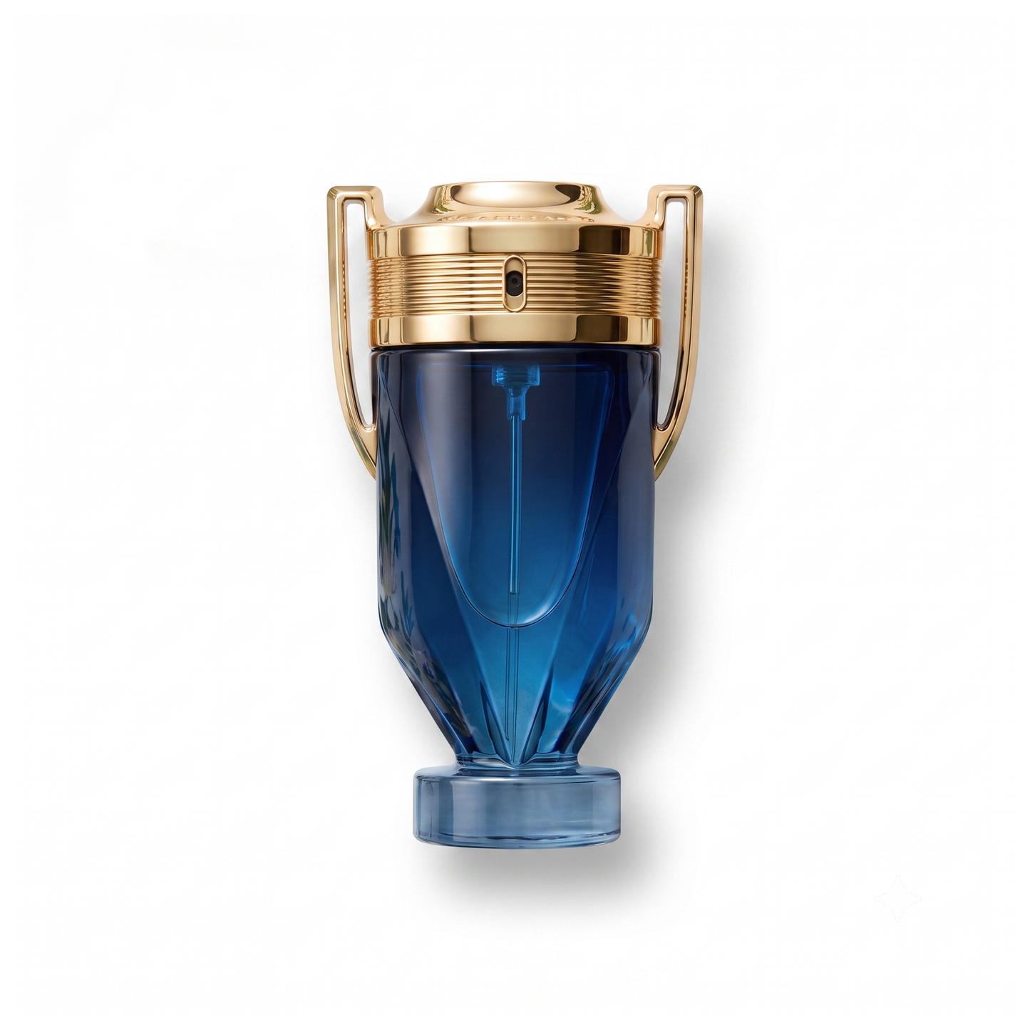 Bottle of Paco Rabanne Invictus Parfum fragrance on a white background with soft shadow