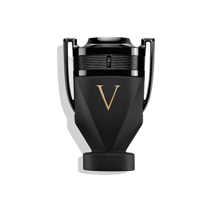 Bottle of Paco Rabanne Invictus Victory Absolu fragrance on a white background with soft shadow