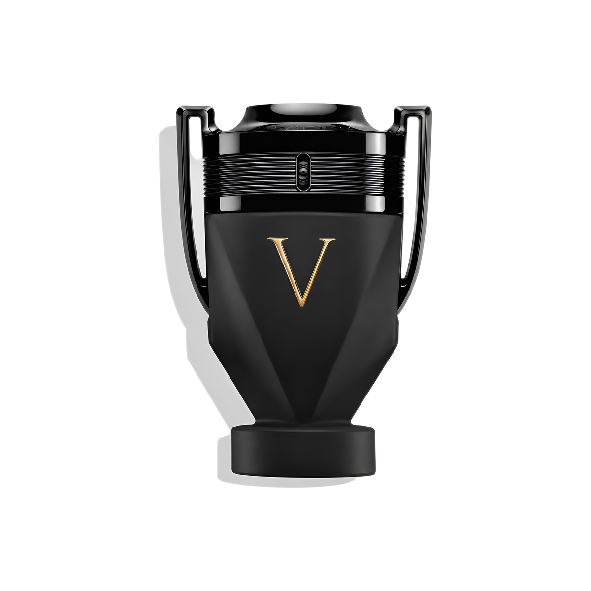 Bottle of Paco Rabanne Invictus Victory Absolu fragrance on a white background with soft shadow