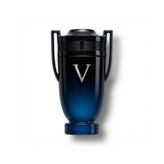 Bottle of Paco Rabanne Invictus Victory Elixir Parfum fragrance on a white background with soft shadow