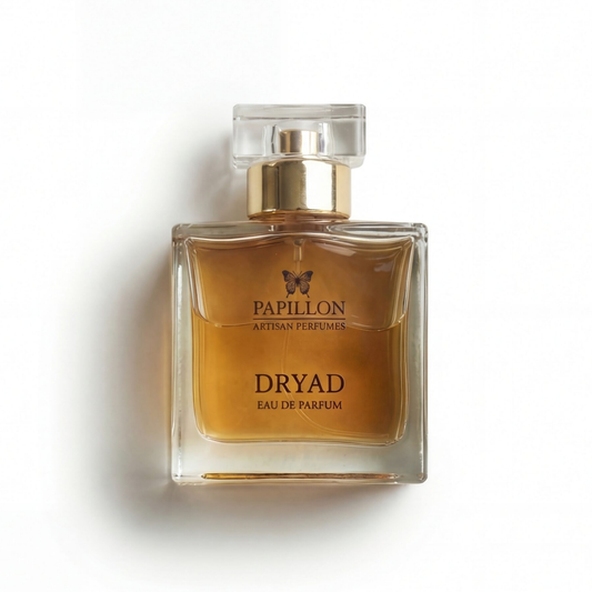 Bottle of Papillon Dryad EDP fragrance on a white background with soft shadow