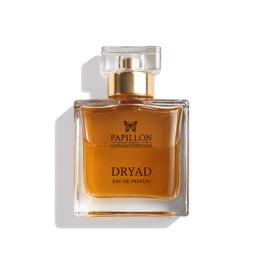 Bottle of Papillon Dryad EDP fragrance on a white background with soft shadow