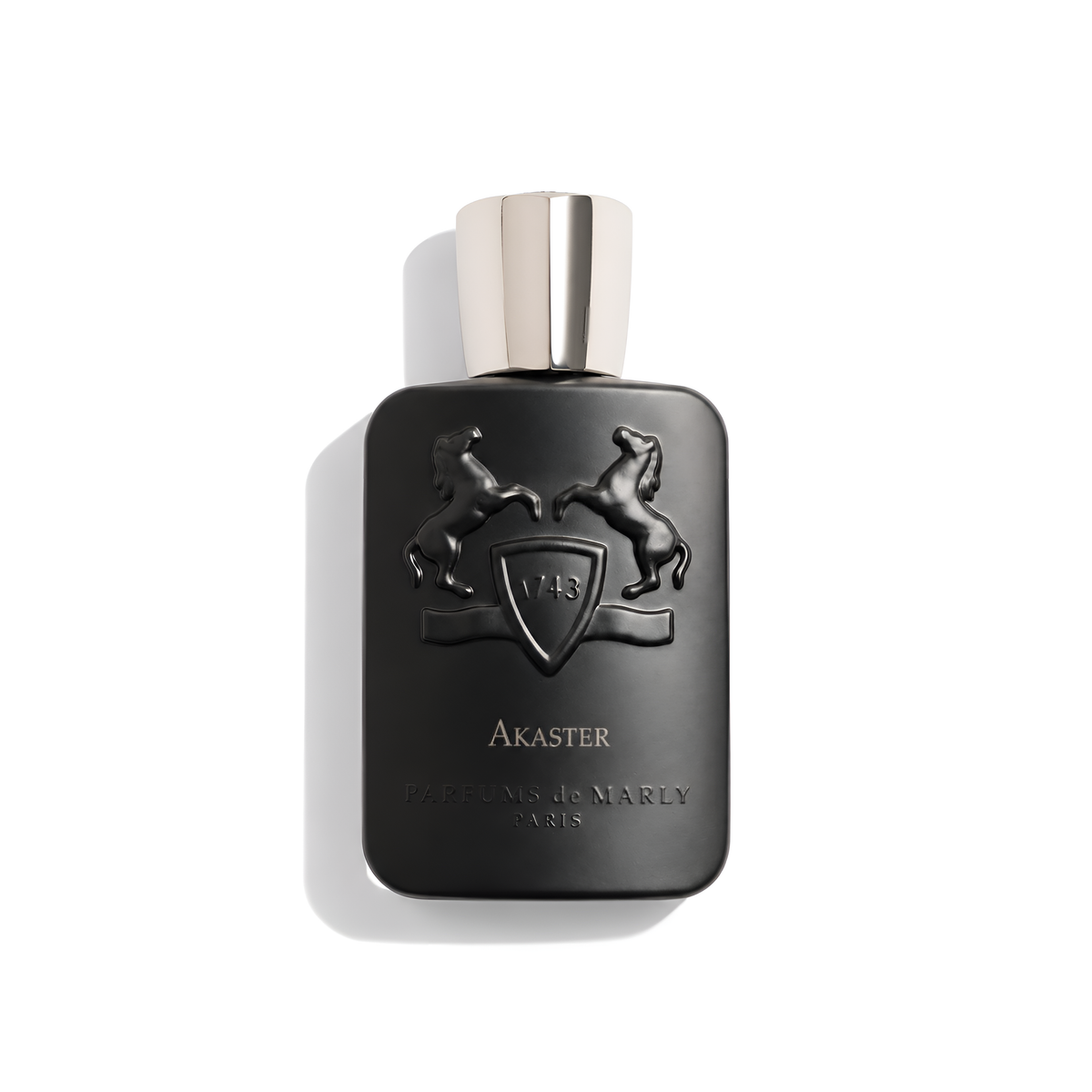Bottle of Parfums de Marly Akaster (Batch 2017) EDP fragrance on a white background with soft shadow