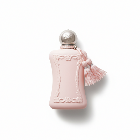 Bottle of Parfums de Marly Delina EDP fragrance on a white background with soft shadow
