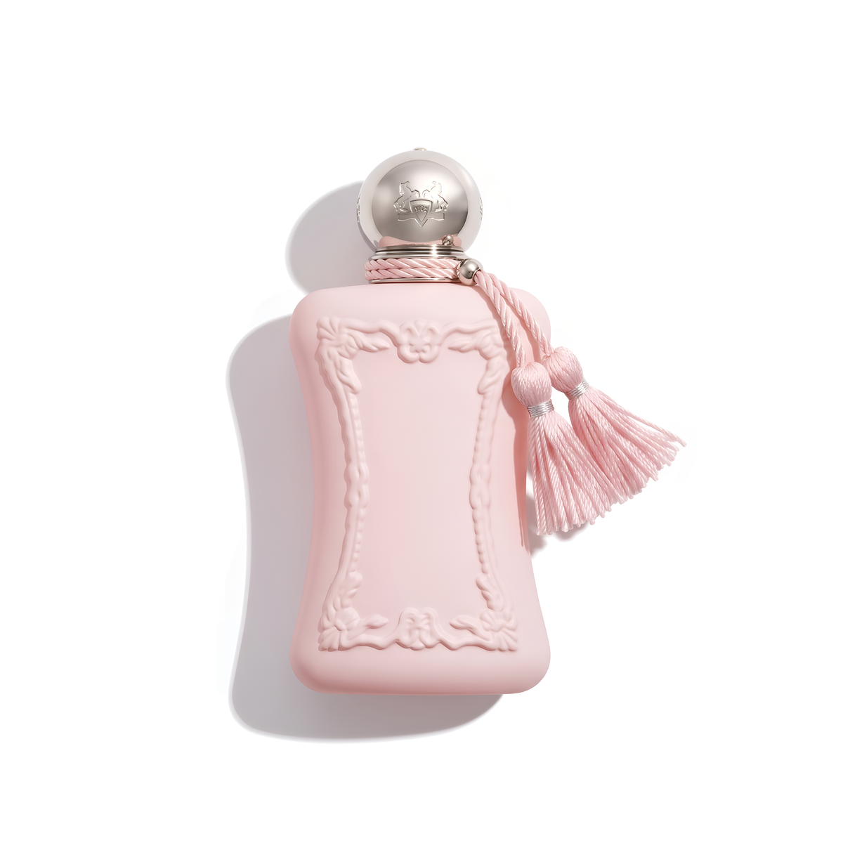Bottle of Parfums de Marly Delina EDP fragrance on a white background with soft shadow