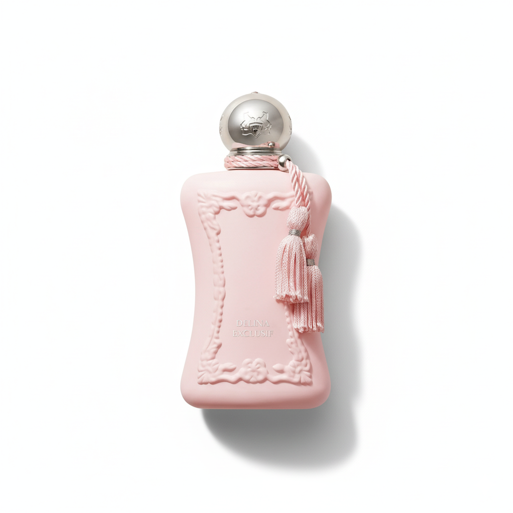 Bottle of Parfums de Marly Delina Exclusif EDP fragrance on a white background with soft shadow