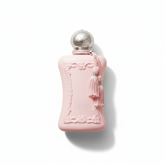 Bottle of Parfums de Marly Delina Exclusif EDP fragrance on a white background with soft shadow