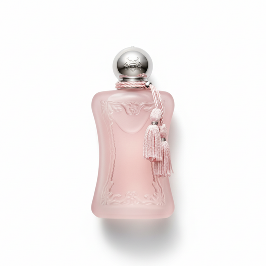 Bottle of Parfums de Marly Delina La Rosée EDP fragrance on a white background with soft shadow