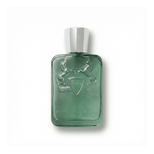 Bottle of Parfums de Marly Greenley EDP fragrance on a white background with soft shadow