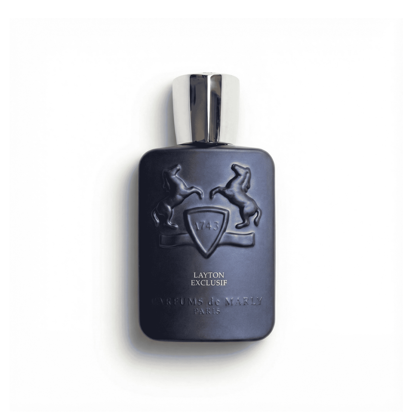 Bottle of Parfums de Marly Layton Exclusif Parfum fragrance on a white background with soft shadow