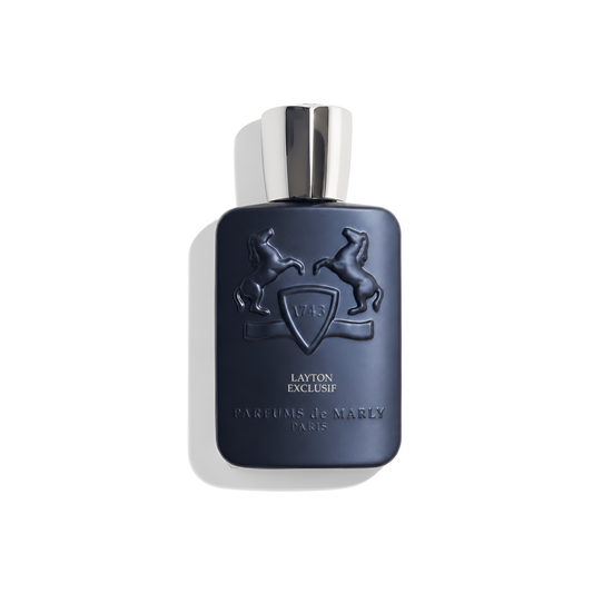 Bottle of Parfums de Marly Layton Exclusif Parfum fragrance on a white background with soft shadow
