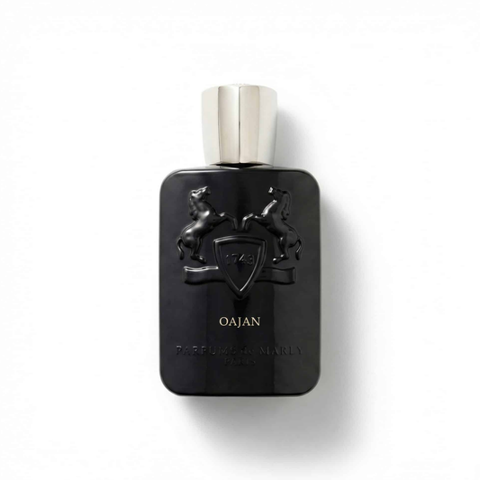 Bottle of Parfums de Marly Oajan EDP fragrance on a white background with soft shadow