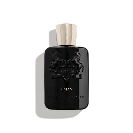 Bottle of Parfums de Marly Oajan EDP fragrance on a white background with soft shadow
