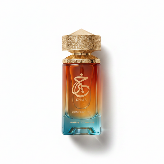Bottle of Paris Corner Khair Confection EDP fragrance on a white background with soft shadow