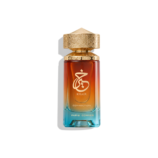 Bottle of Paris Corner Khair Confection EDP fragrance on a white background with soft shadow