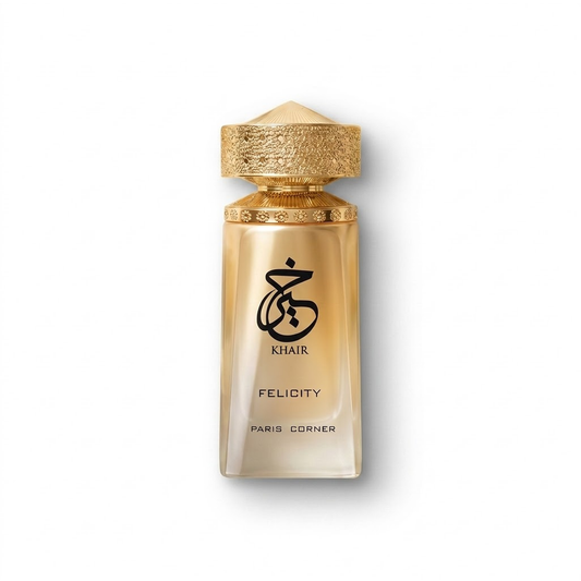 Bottle of Paris Corner Khair Felicity EDP fragrance on a white background with soft shadow