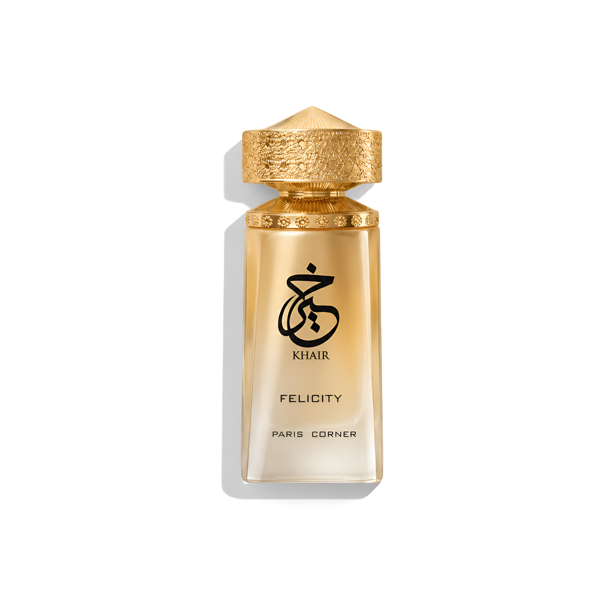 Bottle of Paris Corner Khair Felicity EDP fragrance on a white background with soft shadow