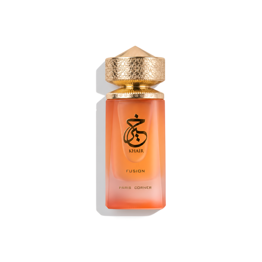 Bottle of Paris Corner Khair Fusion EDP fragrance on a white background with soft shadow