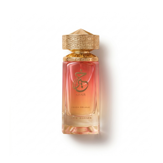 Bottle of Paris Corner Khair Peach Delulu EDP fragrance on a white background with soft shadow