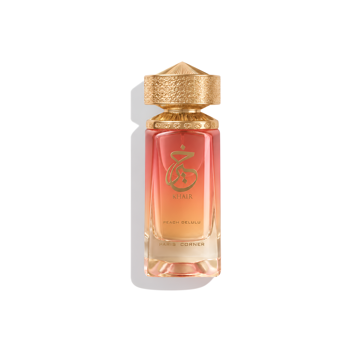 Bottle of Paris Corner Khair Peach Delulu EDP fragrance on a white background with soft shadow