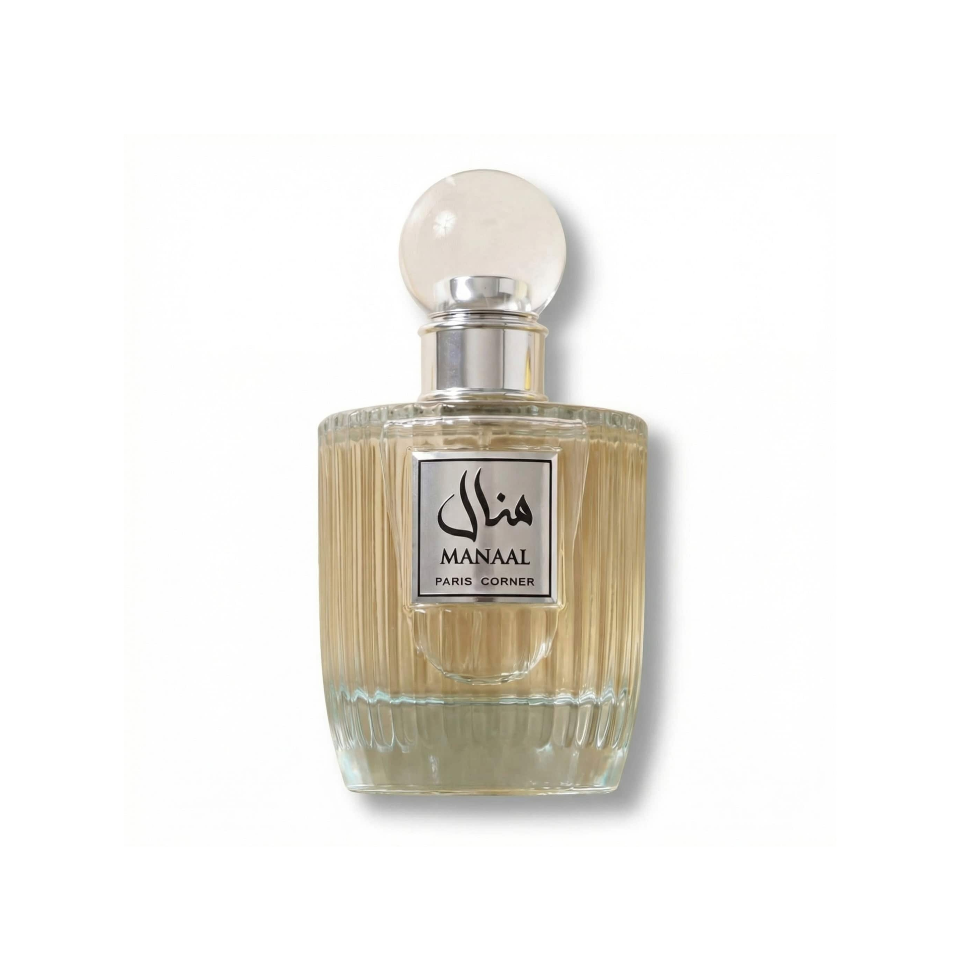 Bottle of Paris Corner Manaal EDP fragrance on a white background with soft shadow