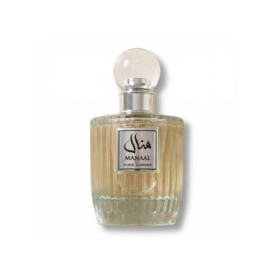 Bottle of Paris Corner Manaal EDP fragrance on a white background with soft shadow