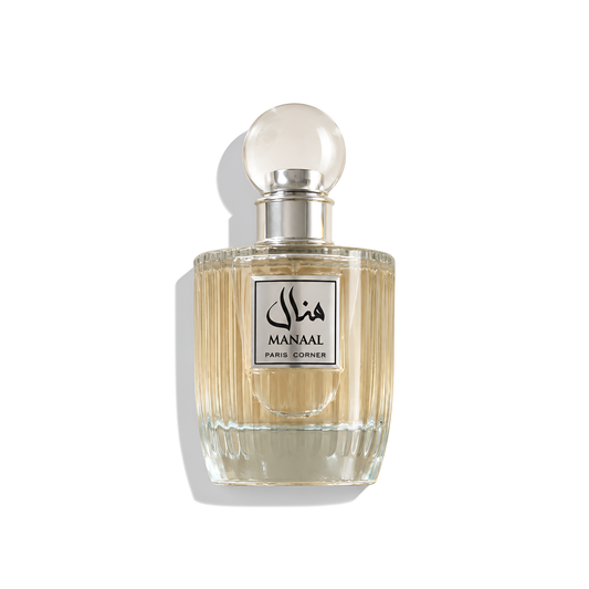 Bottle of Paris Corner Manaal EDP fragrance on a white background with soft shadow
