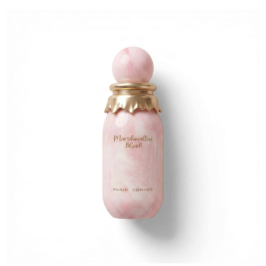Bottle of Paris Corner Marshmallow Blush EDP fragrance on a white background with soft shadow