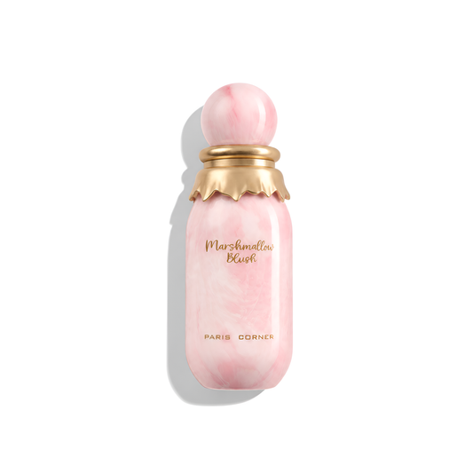 Bottle of Paris Corner Marshmallow Blush EDP fragrance on a white background with soft shadow