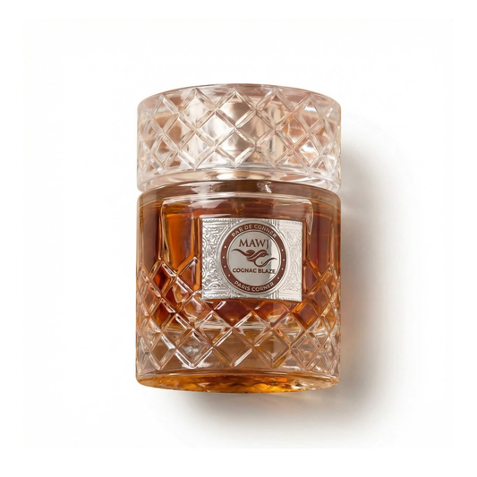 Bottle of Paris Corner Mawj Cognac Blaze EDP fragrance on a white background with soft shadow