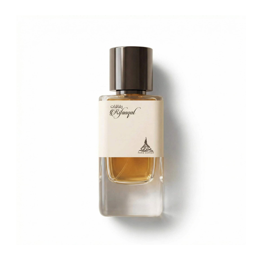 Bottle of Paris Corner Rifaaqat EDP fragrance on a white background with soft shadow