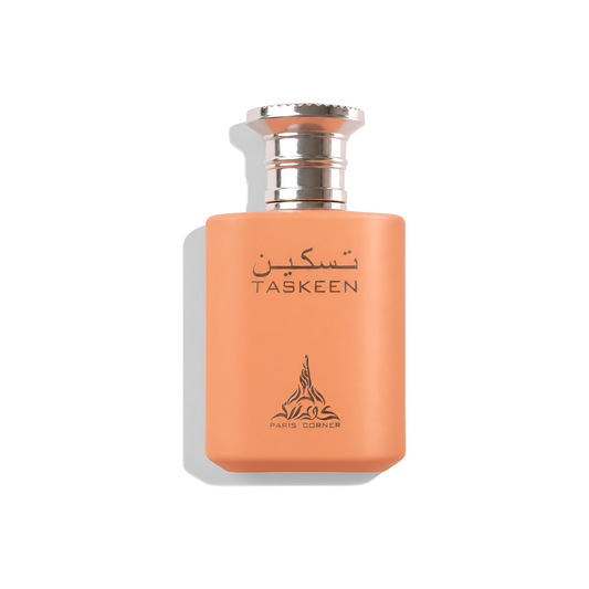 Bottle of Paris Corner Taskeen EDP fragrance on a white background with soft shadow